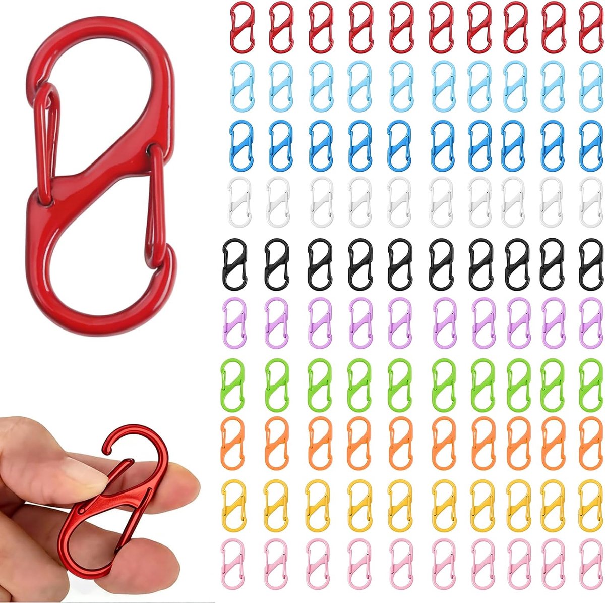 100 stuks S-karabijnhaken, mini-karabijnhaken, 30 mm, dubbele opening, metalen karabijnhaken, klein, voor kamperen, reizen, wandelen