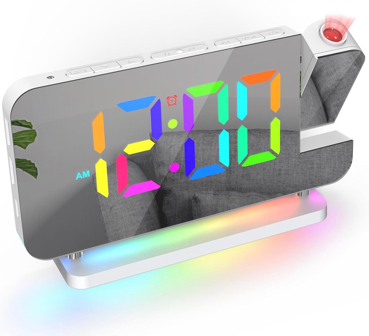 Projectiewekker LED GB Kleurrijke klok met Spiegeloppervlak Display Automatische Dimming Voleme Instelbaar Dual USB Oplaadpoorten Nachtlampje Wit