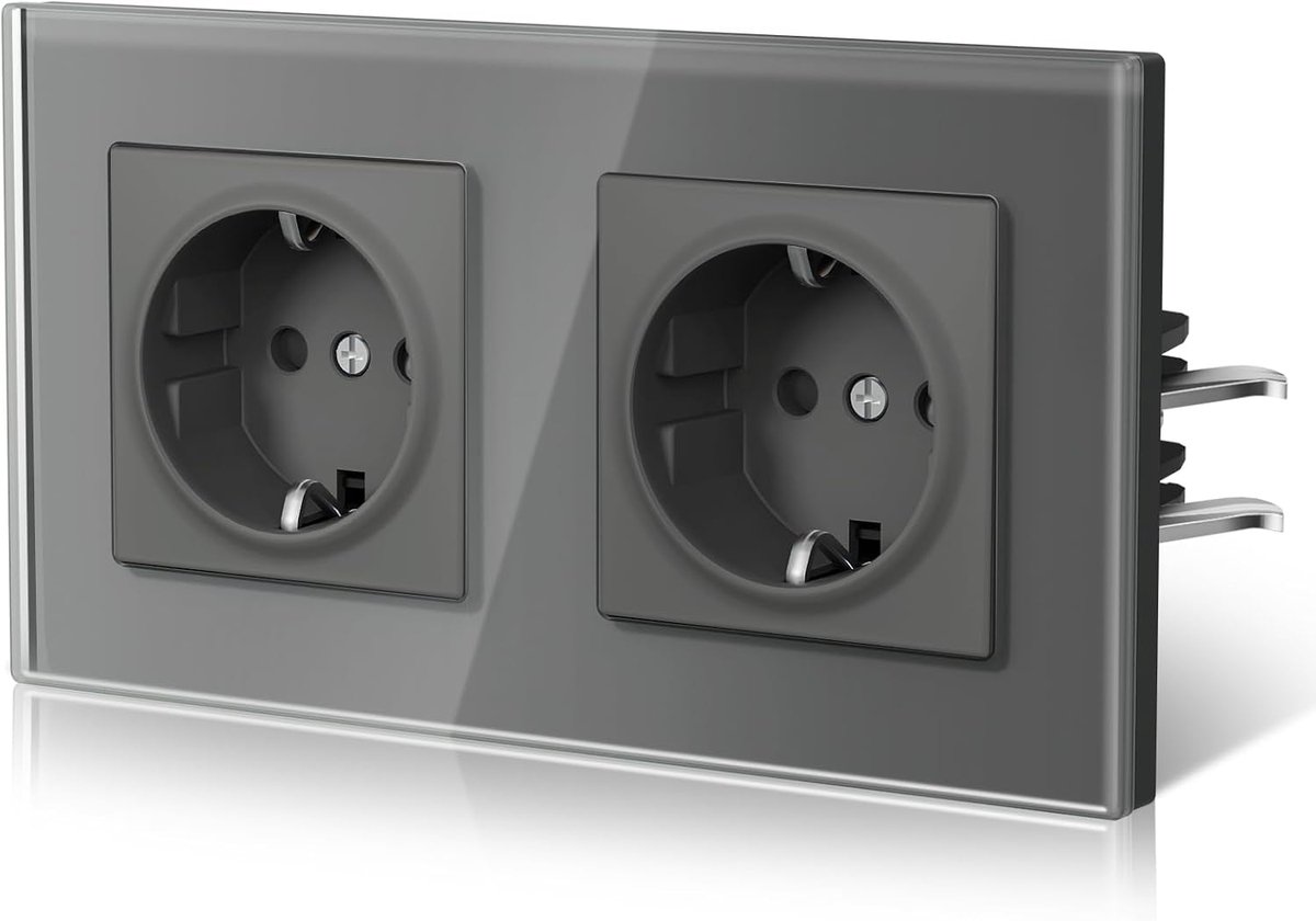 Schuko Stopcontact, 2-voudig, EU-standaard, enkele wandcontactdoos, kristalglas, plaat, 16 ampère, 250 V, verhoogde aanraakbeveiliging, eenvoudige installatie, wit, 157 mm, grijs