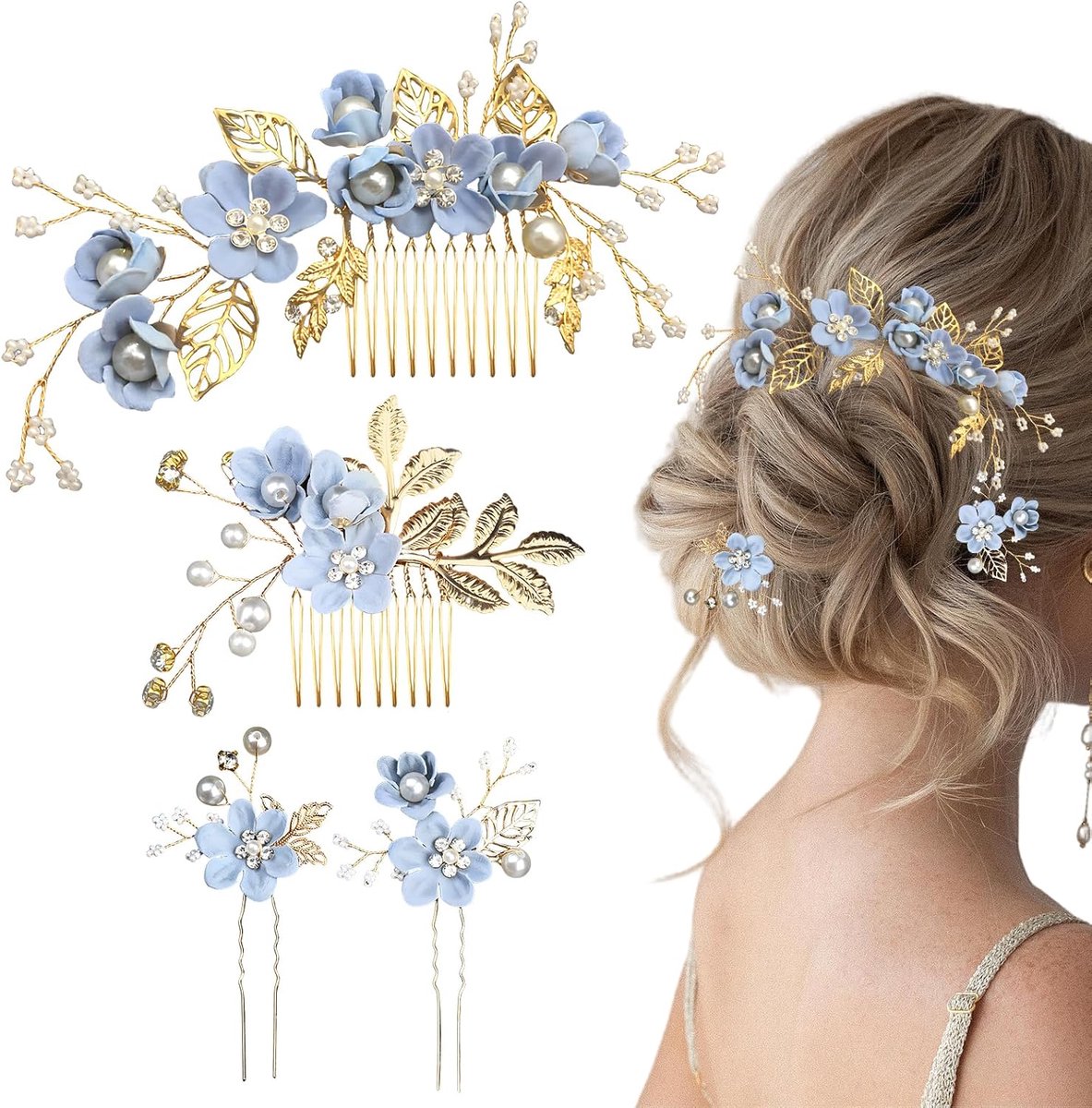 4 stuks Blauwe Bruidshaarkam Set met Decoratieve Bloemen Haarspelden, Elegante Bruidsaccessoires voor Dames, Haarstukken voor Bruiden en Bruidsmeisjes