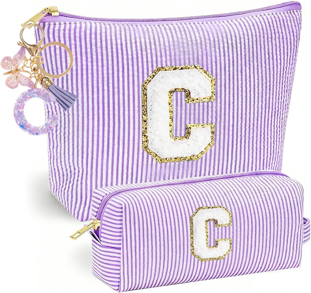 Paarse Cosmetica Tas met Vlinder Kwastje Sleutelhanger, Make-up Tas met Initiaal Letter C voor Meisjes