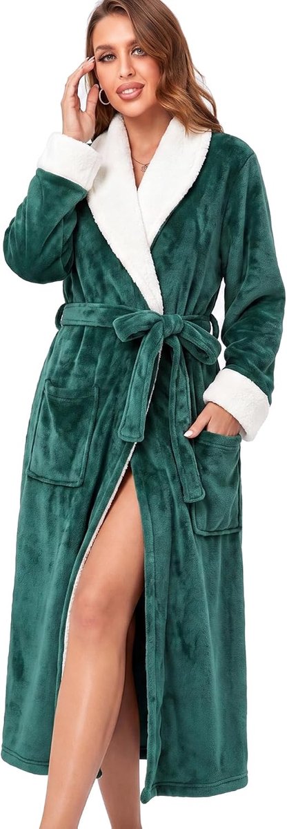 Dames Badjas - Zachte Fleece met Stijlvolle Shawl Kraag en Contrasterende Witte Details - Knusse Winter Huispak