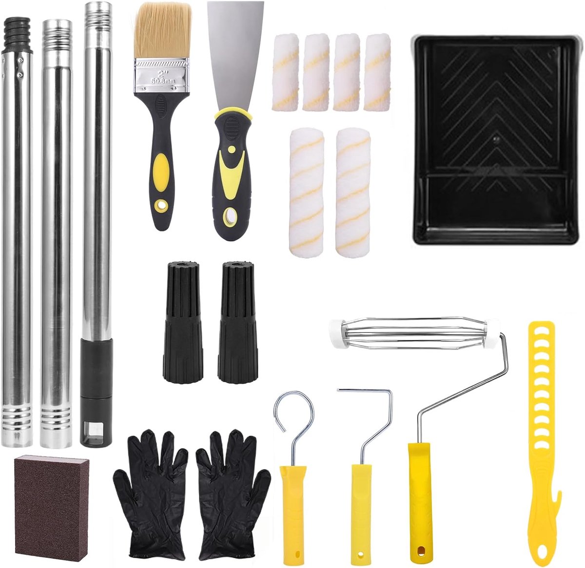 Set met 19 verfrollers, microvezel, kuip, houders, verlengstang, ergonomische handgreep, kwast, spatel, handschoenen voor muren, plafonds, deuren en sierlijsten