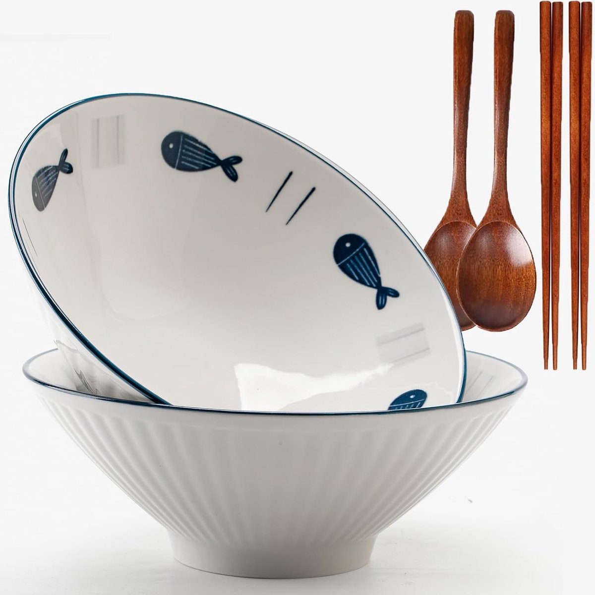 2 stuks keramische ramenkommen, 1000 ml ramenkom, set van 2, Japanse keramische kom, ramenkommen met lepel en eetstokjes, saladbowl (A-stijl)