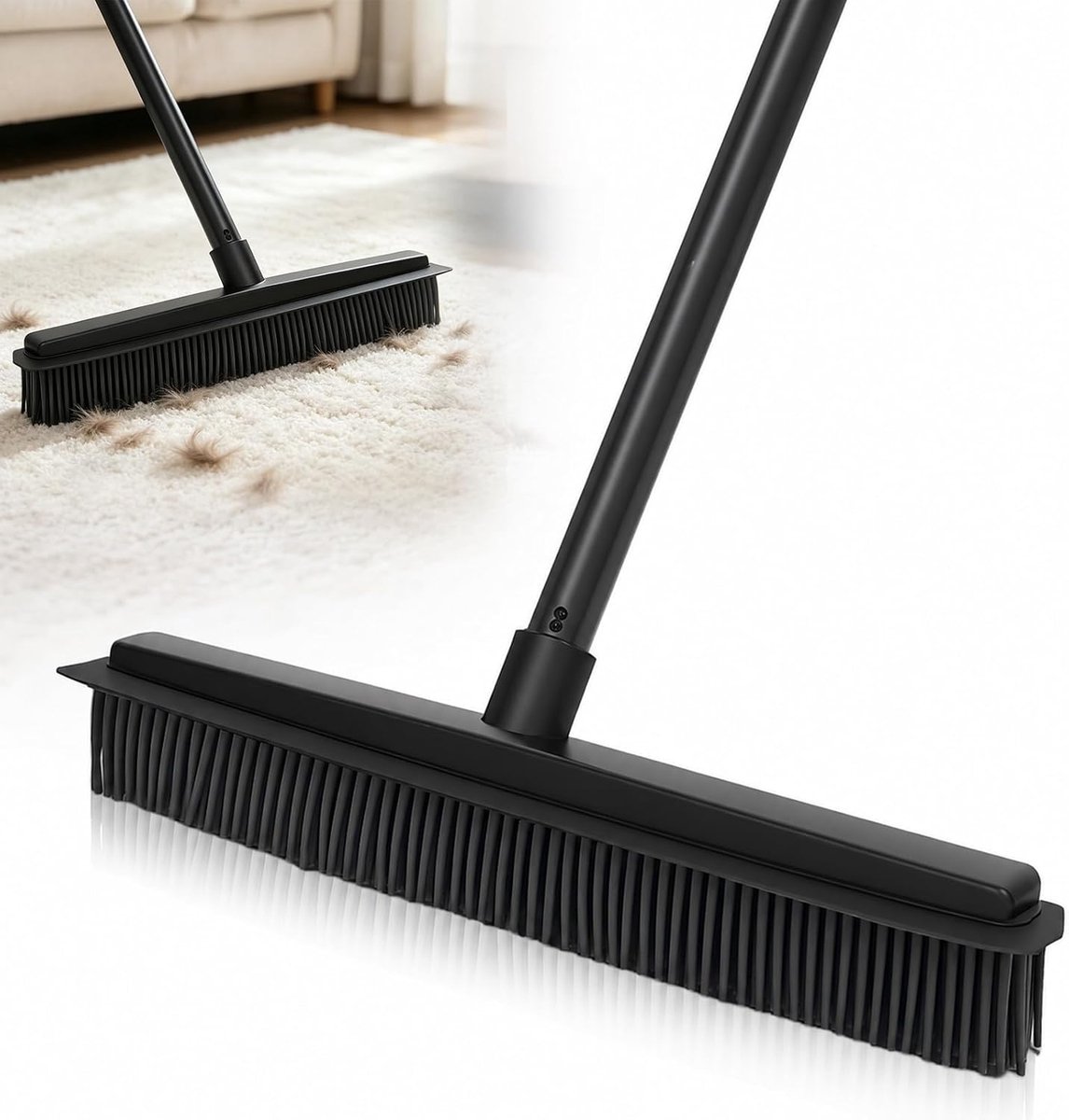 rubberen bezem, 2-in-1 bezem met rubberen borstels en waterafvoerrand, verwijdert katten- en hondenharen, tapijtveger voor ramen, houten vloeren, tegels en tapijten (Zwart 120 cm)