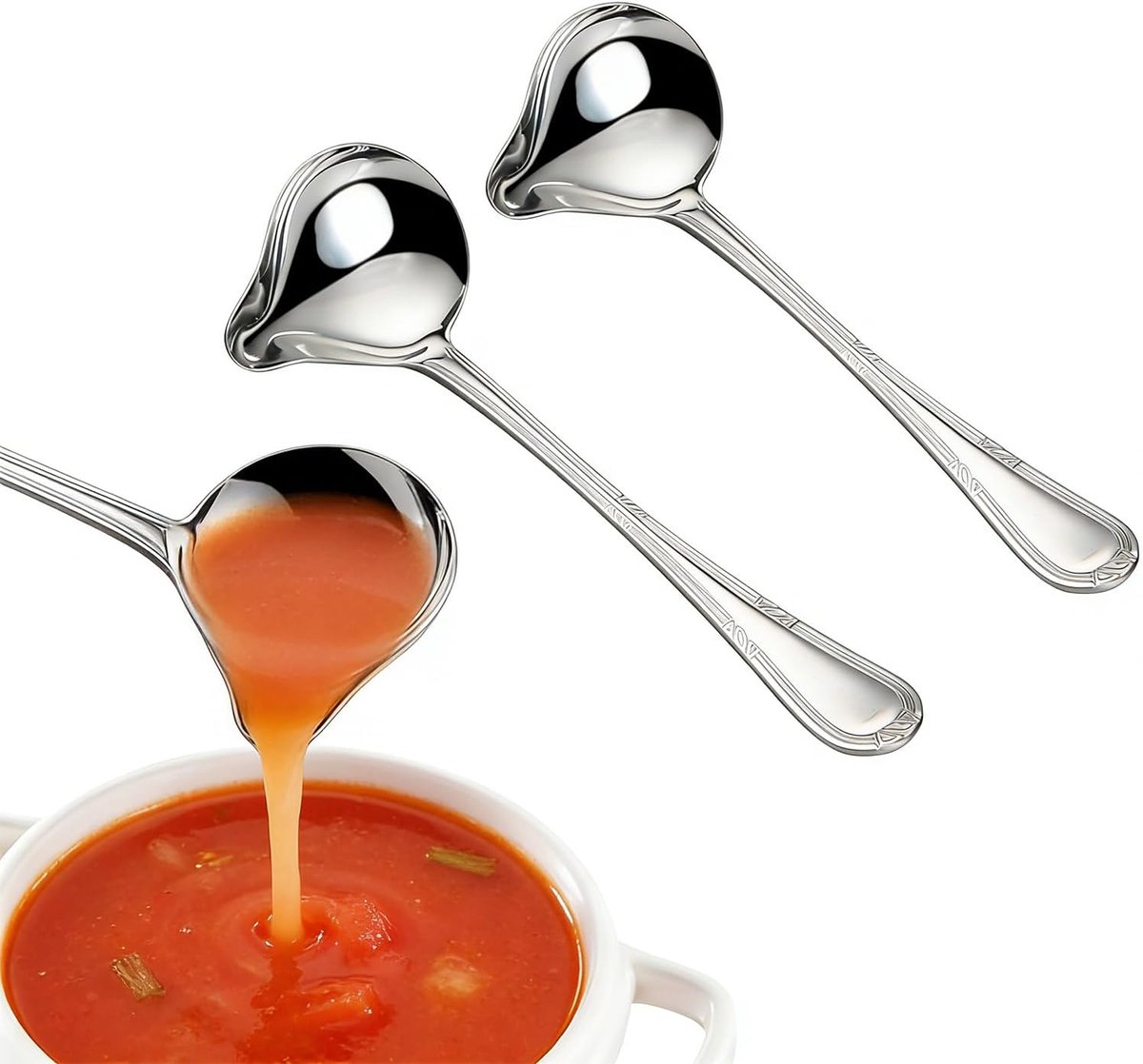 2-delige 20 cm roestvrijstalen sauslepel, spiegelgepolijste juslepels met gevormde handgrepen, vaatwasmachinebestendig, ideaal voor het serveren van sauzen, jus en dressings in keuken en