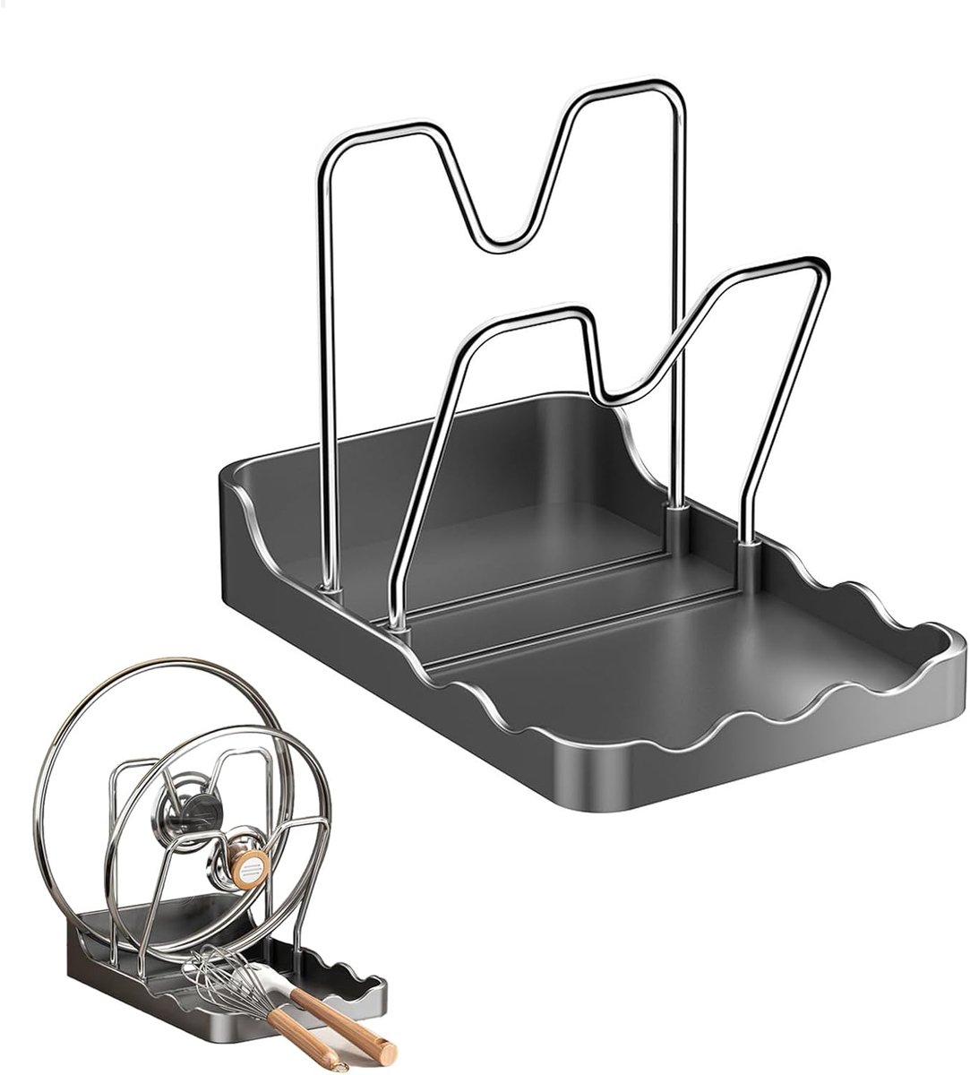 Couvercle Casserole avec Repose-Cuillère,Support Couvercle Casserole,pour Comptoir de Cuisineconçu,Contenir Deux Couvercles de Casseroles et Garder les Ustensiles à Portée de Main(Gris)