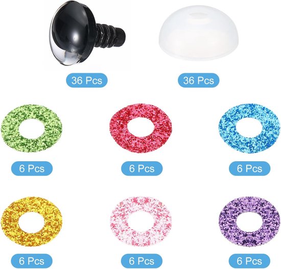 Ogen, 36 Set Pop Ogen met Wasmachines Zachte Knoppen Realistische Kleurrijke Haken Veiligheid Ogen voor Decor Haak Accessoires Poppen Ambacht, 6 Kleuren — afbeelding 2