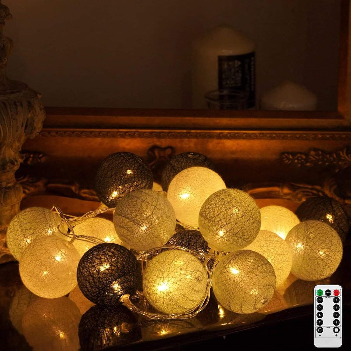 Katoenen bollen lichtsnoer, 20 leds, USB, dimbaar, met afstandsbediening en timer, led-bollen, lichtketting voor kinderkamer, Kerstmis, bruiloft, feest (grijs)