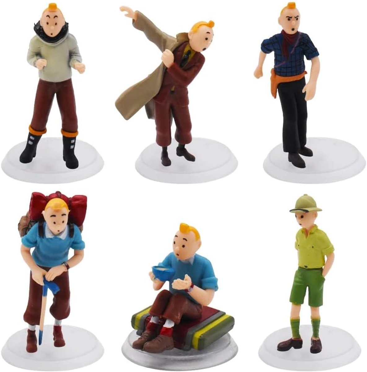 beeldjes, mini-kinderfiguren pop-ornamentmodel, Tintin replica's rekwisieten, Cake Top klein standbeeld, verrassingscadeaus voor fans, verjaardagsdecoraties, pakket van 6 (colorful2)