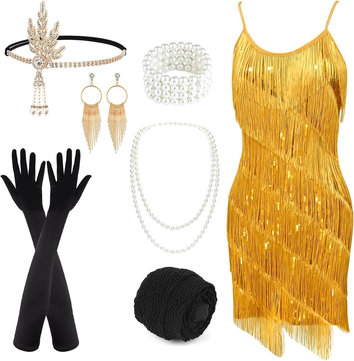 Gatsby-jurk voor dames, jaren '20 met pailletten, franjes, vintage flapperjurk, cocktailjurk, feestjurk met jaren '20-accessoires, kostuumset voor avondbal, goud