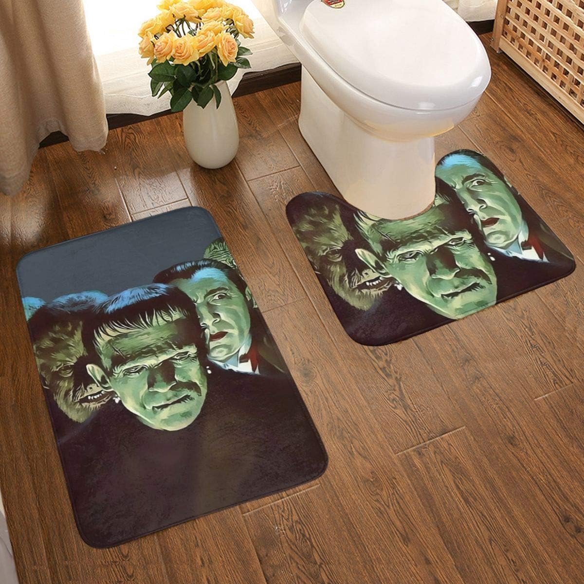 Bende van Monsters 2-delige zachte anti-slip bad mat Kit, textuur fotografie inclusief 80x50cm hoge absorptie wc-bril en 50x40cm microvezel zachte pluizige badkamer tapijt, anti-slip mat wasbaar.