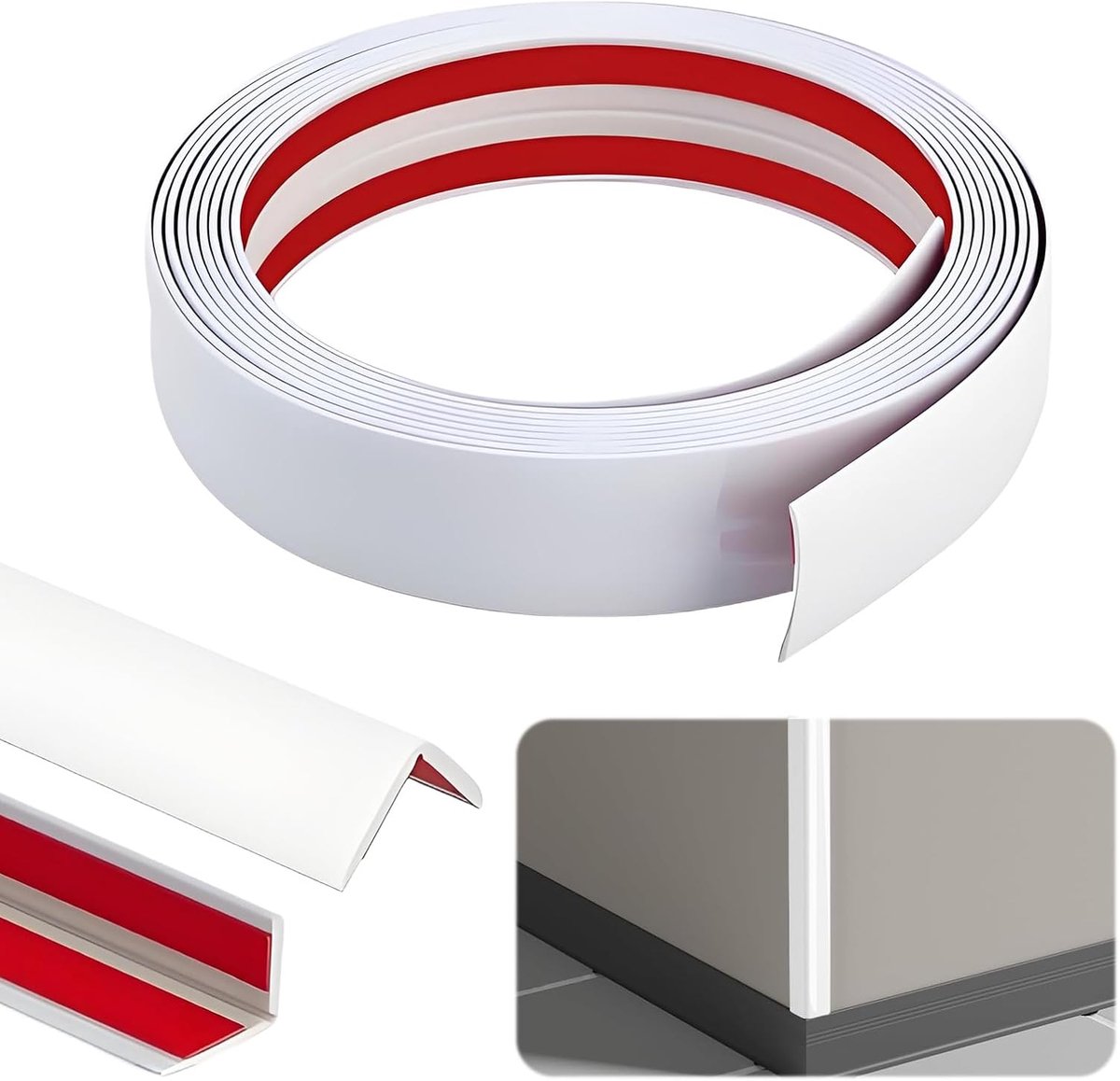 zelfklevend, 2 cm x 2 cm x 12 m, zelfklevende hoeklijst, wit, pvc, flexibele zachte plint, zelfklevende randbescherming, zelfklevende flexibele hoeklijst voor deuren, ramen, muren