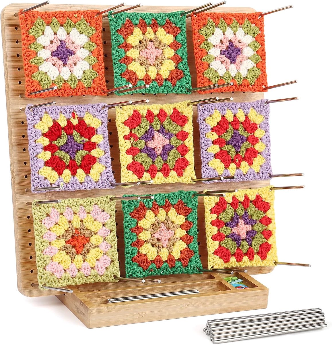 Granny Square Spanner groot, 29 x 29 cm, blokkeerbord haken groot met 30 roestvrijstalen blokkeerpinnen en gegroefde bodem, bamboe spanplank voor Granny Squares spannen, blokkeerbord haken