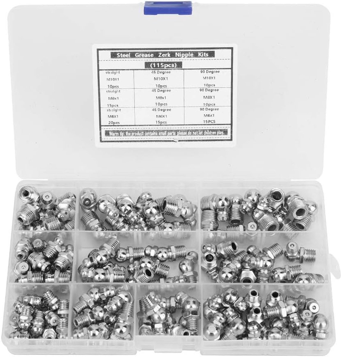 Zerk Smeernippelfitting Assortimentsets, 115 stuks recht en 90 graden en 45 graden M6 M8 M10 Smeernippelfitting