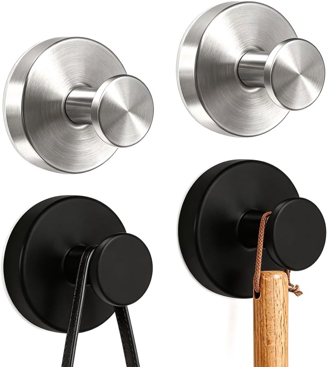Cup Haken voor Douche, Luxe Hold No-Drill Roestvrij Waterdicht Suction Cup Haken voor Hangen tot 15 lbs, Modern, Voor Badkamer, Keuken, Wand & Glas (2 zwart, 2 zilver)