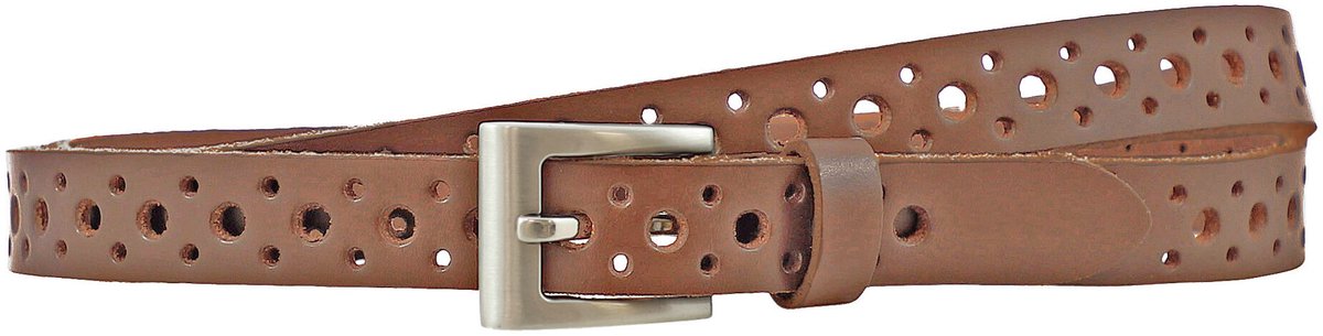 Houtkamp Smalle Leren Damesriem 2 cm – Broekriem & Taille Riem – Geperforeerd Patroon – Cognac - Lengte totaal 100 cm / Riemmaat 85