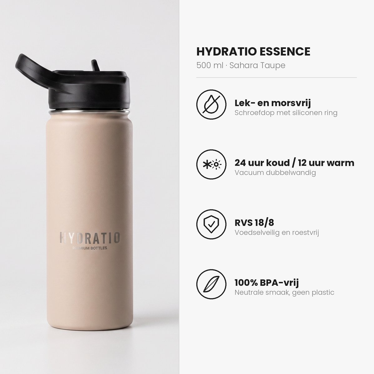 Hydratio Essence Thermosfles 500 ML Beige – Drinkfles 0,5 Liter RVS Dubbelwandig – Waterfles Lekvrij & BPA-Vrij – Isoleerfles 24 Uur Koud 12 Uur Warm – Thermosbeker Travel Mug Koffie Thee – Sport School Werk Cadeau – Sahara Taupe thumbnail 3