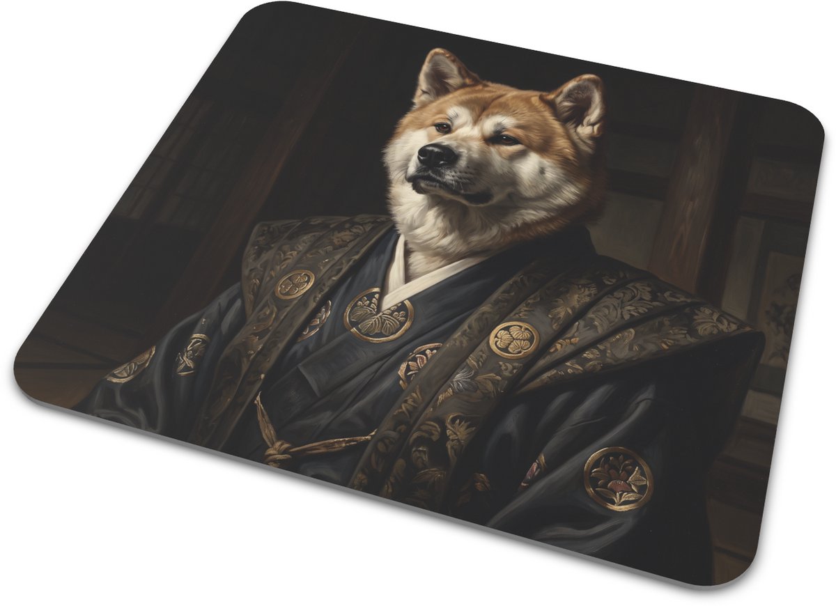 Muismat Akita hond als feodale shogun in klassiek renaissancetijdperk olieverfportret bureau accessoire voor hondenliefhebber en thuiswerkplek met donkere zijden kimono en geborduurde familiewapens