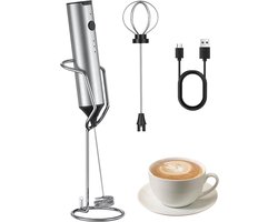 Melkopschuimer Handheld - Koffie Mixer - Cappuccino Maken - Oplaadbaar Met 3 Snelheden - 2 Gardes - Zilver