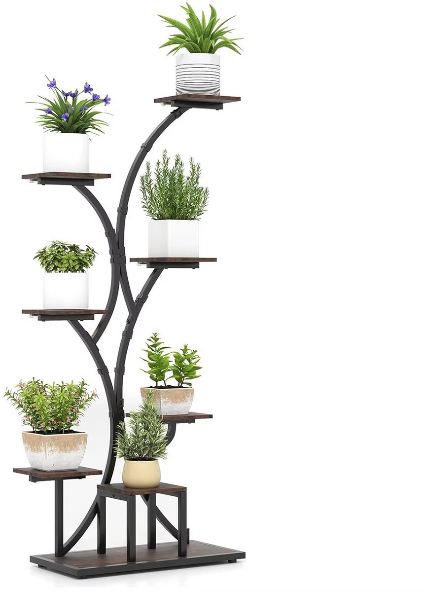 JOYNEXTBUY - 8-Laags Plantenrek met Kweeklampen - Metalen Plantenstandaard voor Binnen - Bloemenrek met Houten Planken - Zwart