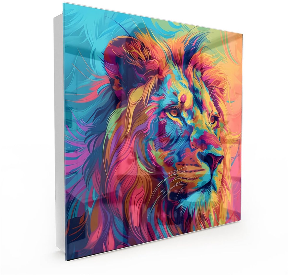 MyDesignGlas Sleutelkastje met Glazen Deur en Print – 50 Haken – 30x30x5 cm – Kleurrijke Leeuw – Metalen Sleutelkast – Wit- Rechtsopenend