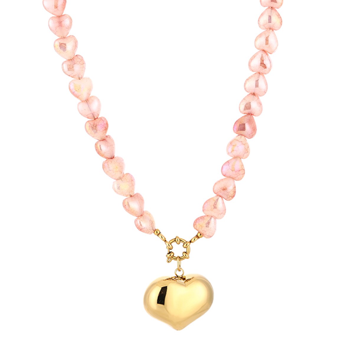 Heart Bead Heart Pendant Necklace – Kralen Ketting met Hart – RVS - Roze