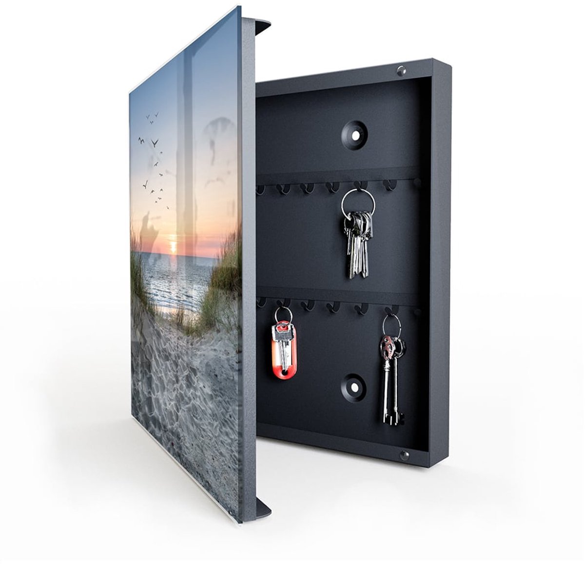 MyDesignGlas Sleutelkastje met Glazen Deur en Print – 50 Haken – 30x30x5 cm – Duinen bij Zonsondergang – Metalen Sleutelkast – Zwart – Rechtsopenend