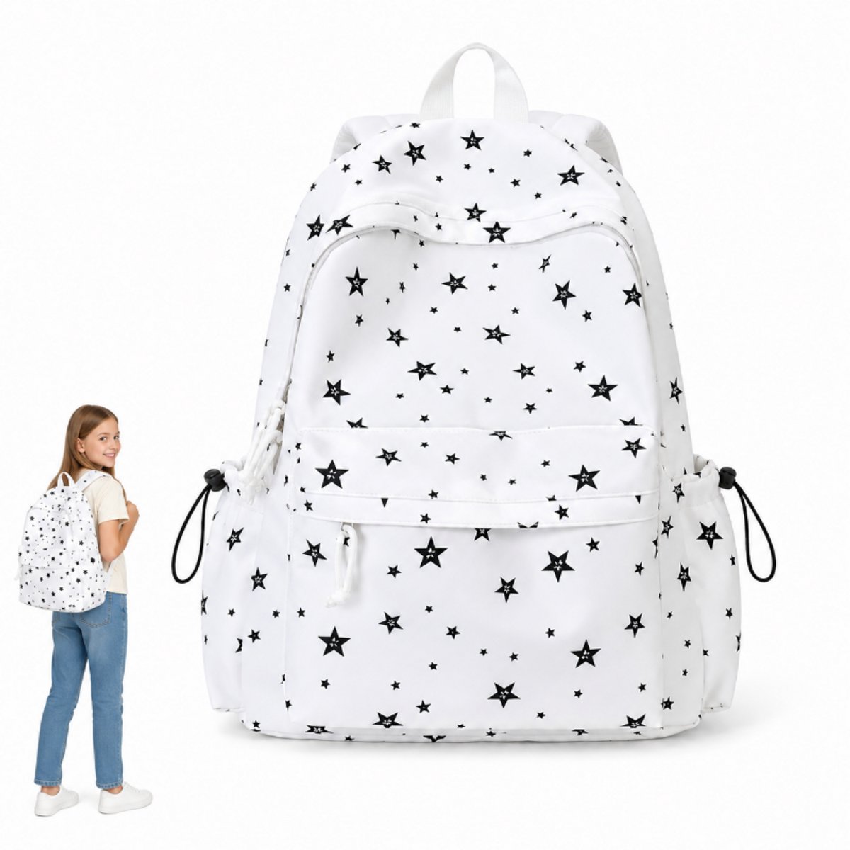 Bobypet - Grote Schooltas voor Middelbare School - Laptoptas Rugzak 15.6 Inch van Duurzaam Twill - Lichte Casual Rugtas met Drinkbekervakken - Universele Reistas voor School, Studie, Sport & Reizen - wit