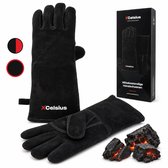 XCelsius® BBQ Handschoenen Splitleer – TÜV Gecertificeerd EN407 – Hittebestendige Barbecue Handschoenen en Ovenhandschoenen – Voor Kamado, Gietijzer, Roosters en Heat Deflectors – Cadeaus voor Mannen – 1 Paar – Zwart