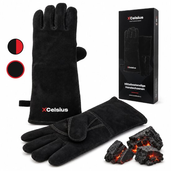 Zwarte hittebestendige XCelsius handschoenen, één paar met een lange schacht, één paar korter, met rood logo.