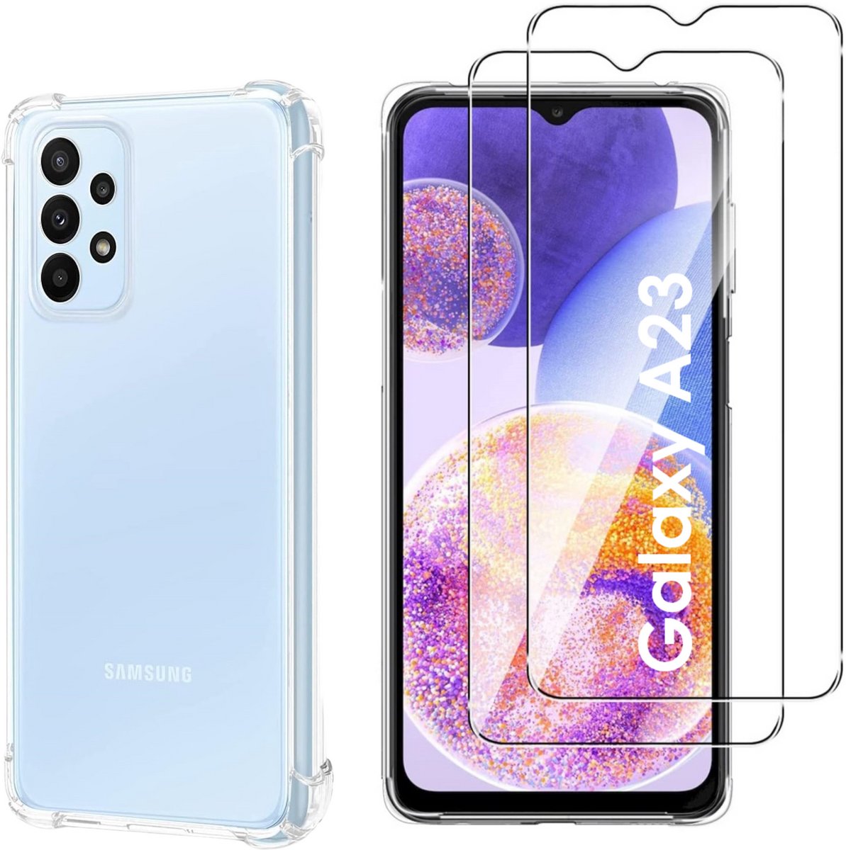 Hoesje geschikt voor Samsung Galaxy A23 backcover Shockproof siliconen Transparant en 2 stuks Screenprotector Gehard Glas