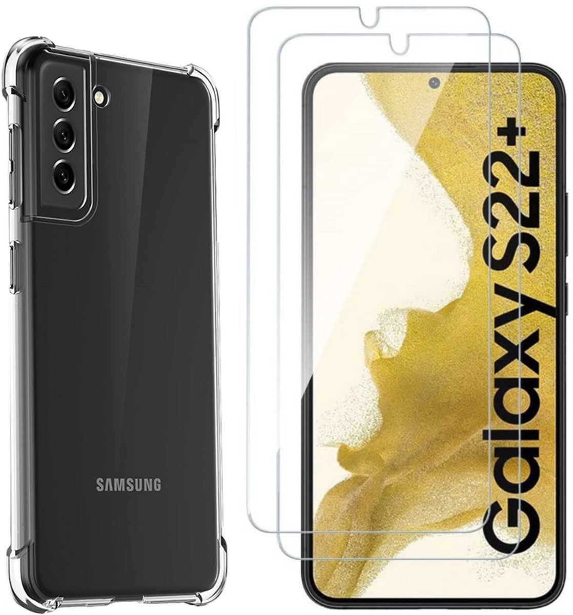 Hoesje geschikt voor Samsung Galaxy S22 Plus backcover Shockproof siliconen Transparant en 2 stuks Screenprotector Gehard Glas