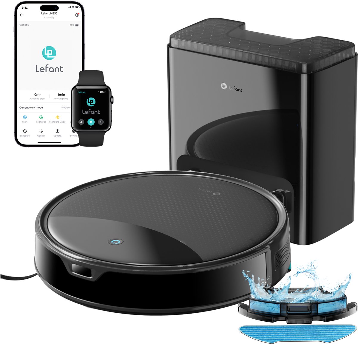 Lefant M350 Robotstofzuiger met dweilfunctie - Automatische lediging - Stofzuiger - 6000 Pa zuigkracht - Met oplaadstation - Bedienbaar via smartphone - ToF-navigatie - Met leegstation - Ideaal voor huisdieren - Zwart