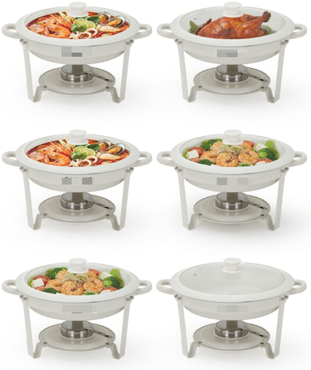 Danky - Ronde Chafing Dish Set Van 6 Stuks - 5L Maifanite-Gecoat Antiaanbak Warmhoudschaal Met Glazen Deksel