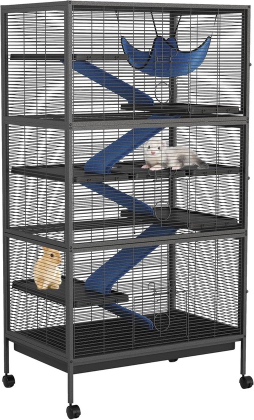 Grote metalen ferretkooi met 6 verdiepingen op wieltjes, hellingen, platforms en bak, geschikt voor fretten, chinchilla’s, hamsters, cavia’s en konijnen, zwart, 150 x 80 x 52 cm