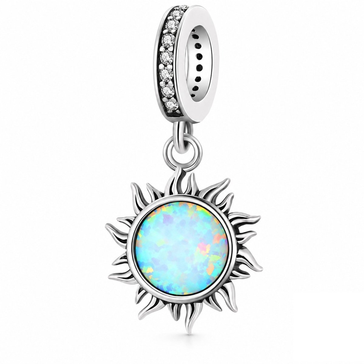 RomyStones Zon Bedel – 925 Sterling Zilver – Opaalkleurige Steen – Zirkonia – Voor 3 mm Bedelarmband
