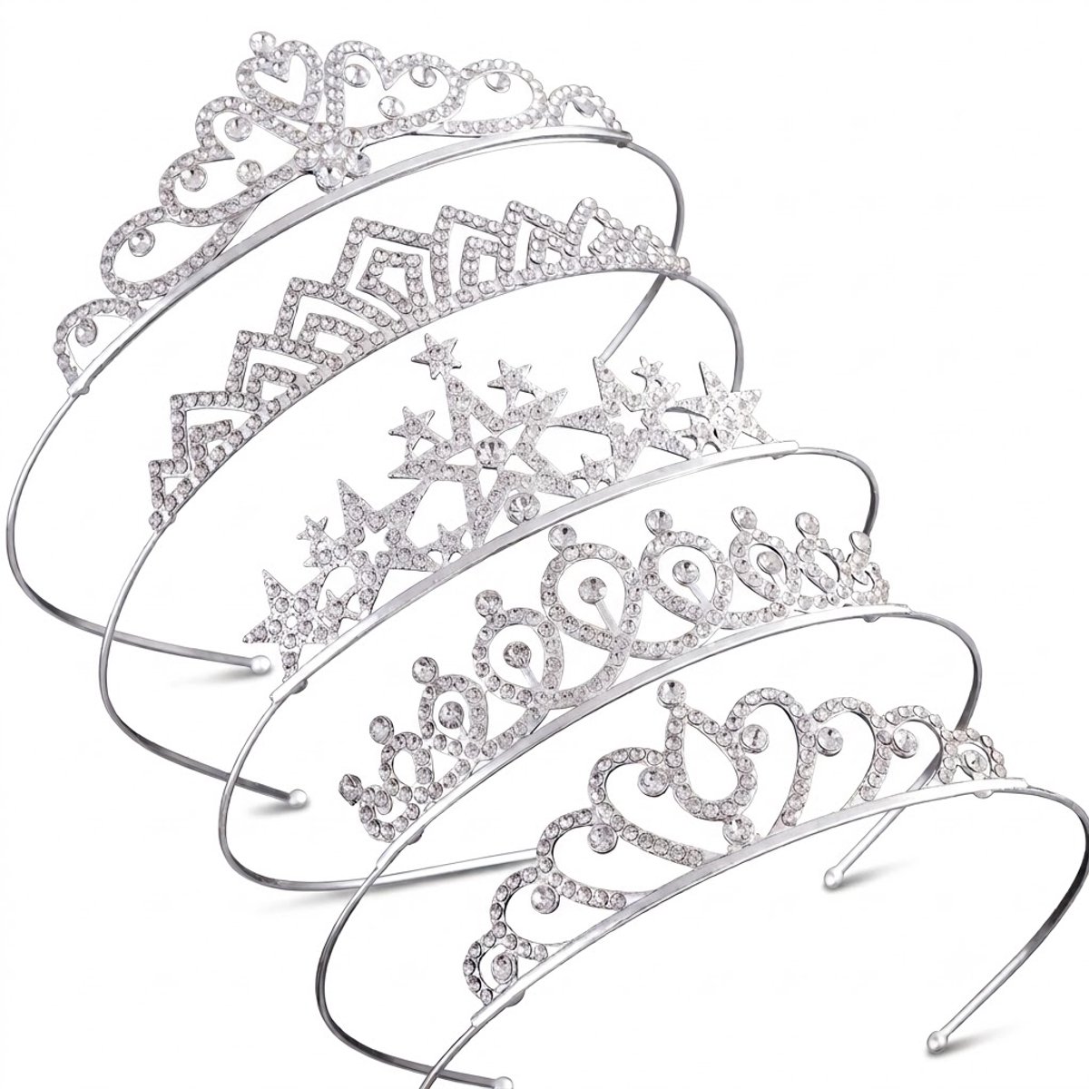 Zilverkleurige witte tiara dames met transparante sierstenen en geometrisch kroon ontwerp haar accessoire voor bruiloft gala feest prinsessen look met opengewerkte details