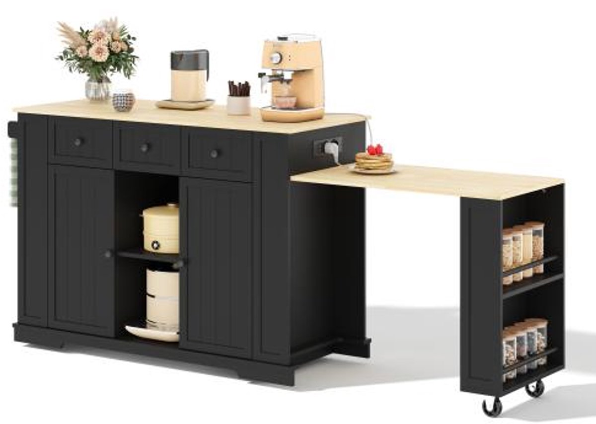 Mobiel keukeneiland met uitschuifbare eettafel, stopcontact en USB, wielen, lades en deuren – MDF, 138(213)x55x93 cm, voor kleine ruimtes