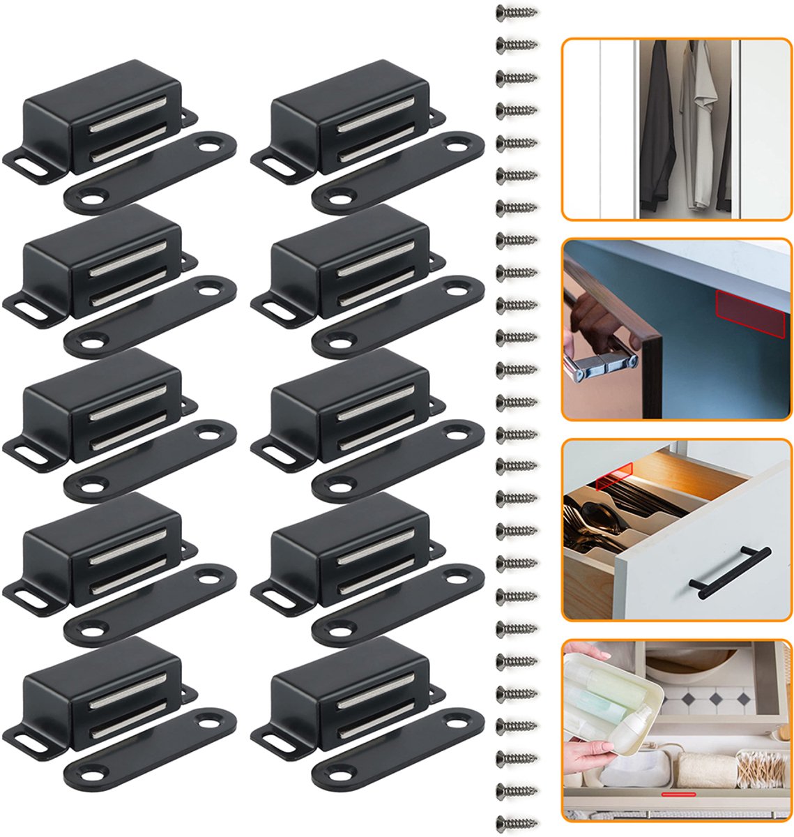 Magnetische deurstoppers - Set van 10 - Sterke magnetische deursloten - Magnetische klemplaat voor deuren - Roestvrij staal - Geschikt voor keukenkasten, kledingkasten, kastdeuren en ladesloten - Zwart