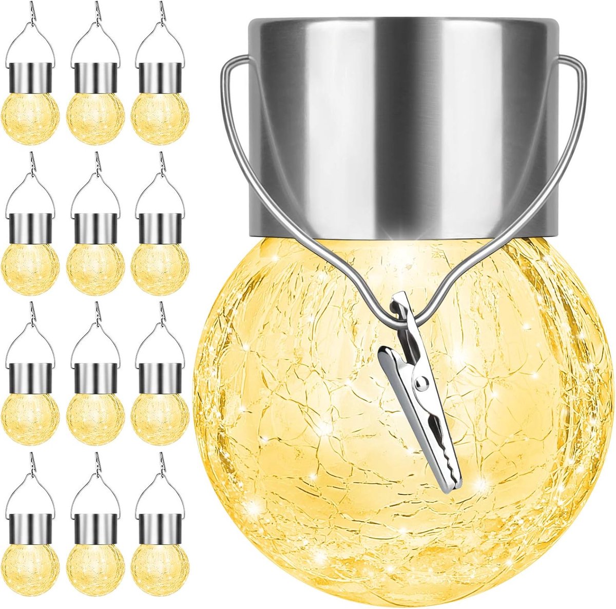 Hangende Gebarsten Glas Solar Lampen - Warmwit LED - Draagbaar & Waterdicht - voor Tuin, Terras, Schutting, Kerst -12 Stuks
