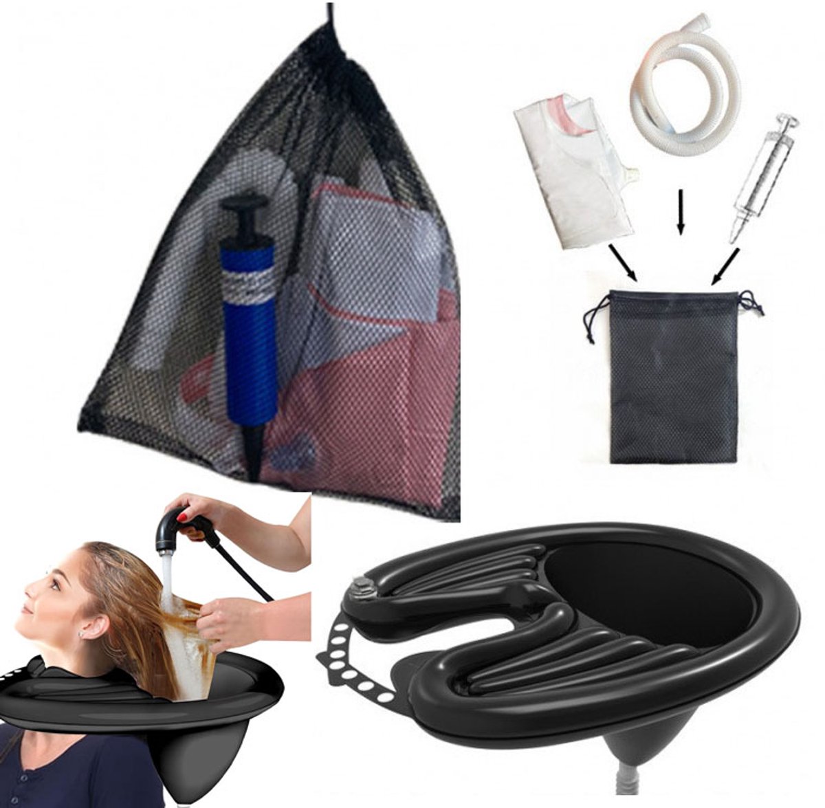 Opblaasbare shampoobak - Shampoobak voor naast het bed - Opvouwbare shampoobak - Inclusief opblaasslang, waterslang en opbergtas - PVC - Geschikt voor ouderen, mensen met een beperking, zwangere vrouwen en kinderen - Zwart