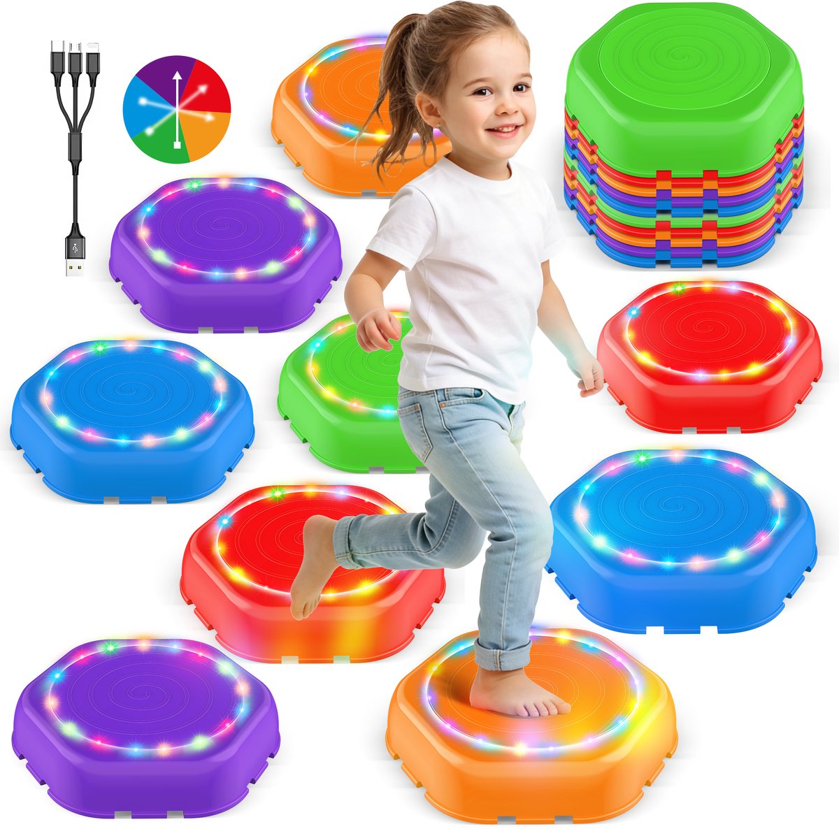 Stapstenen met Licht en Geluid - 10 Stuks - Oplaadbare Stepping Stones - Met Speelboekje - Stapelstenen - Balansstenen met Antislip