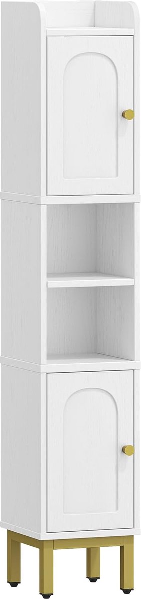 Hzuaneri Badkamerkast, smalle badkamerkast met 2 deuren en open planken, smal badkamerrek, verstelbare planken, 20 x 20 x 108,5 cm, hoge badkamerkast, opbergkast, wit