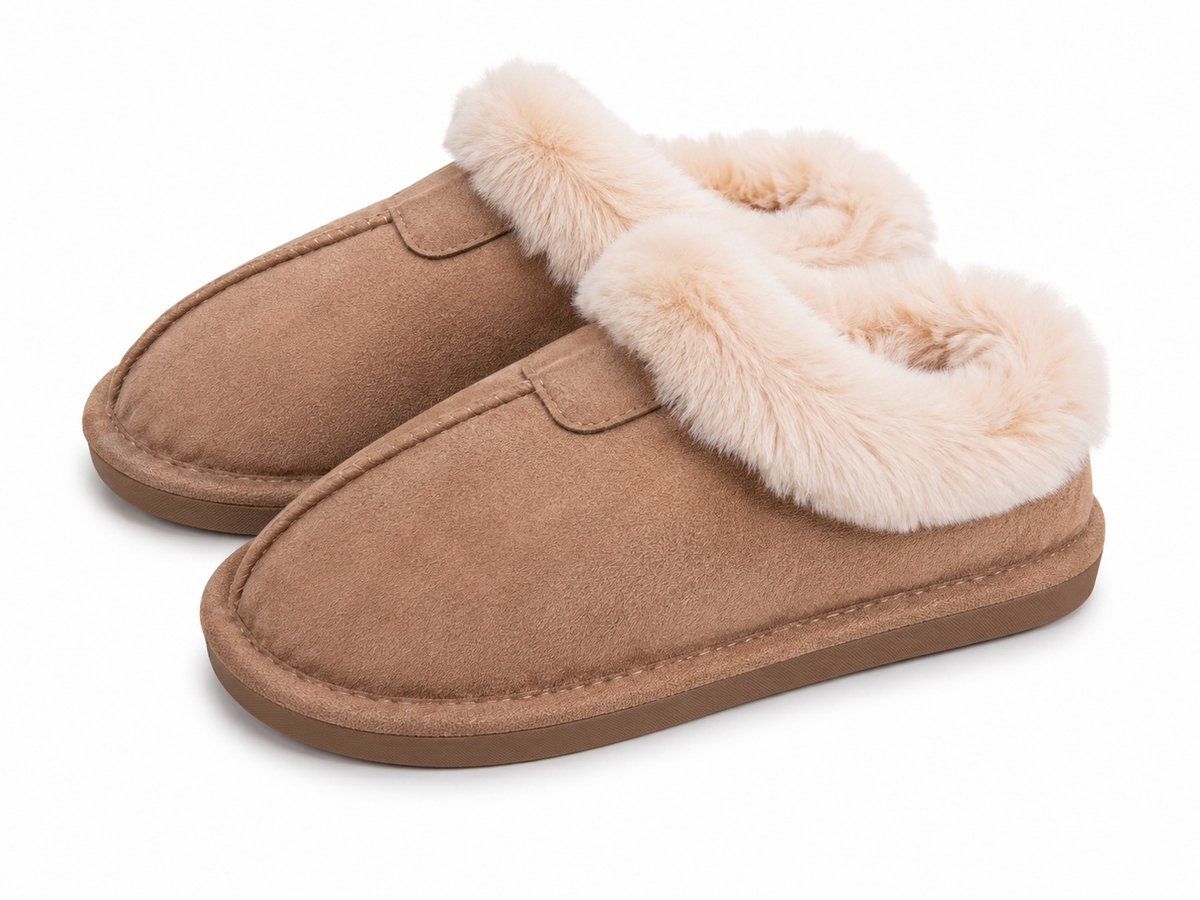 Dames Pantoffels – Warme Sloffen met Zachte Bontkraag – Suède Look – Comfortabele Huisschoenen – Maat 36 - Khaki -