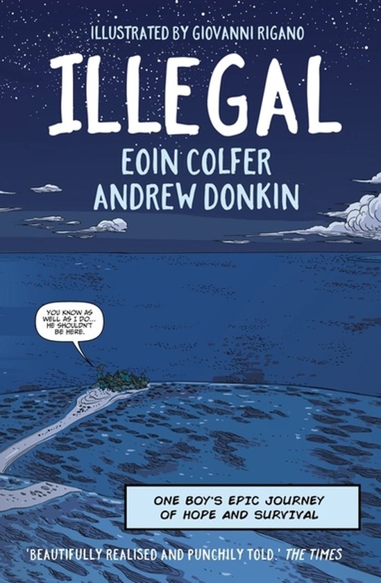 Boekkaft 'Illegal' van Eoin Colfer en Andrew Donkin, met illustraties van Giovanni Rigano. Een jongen loopt langs een strand naar een kleine boomgaard.