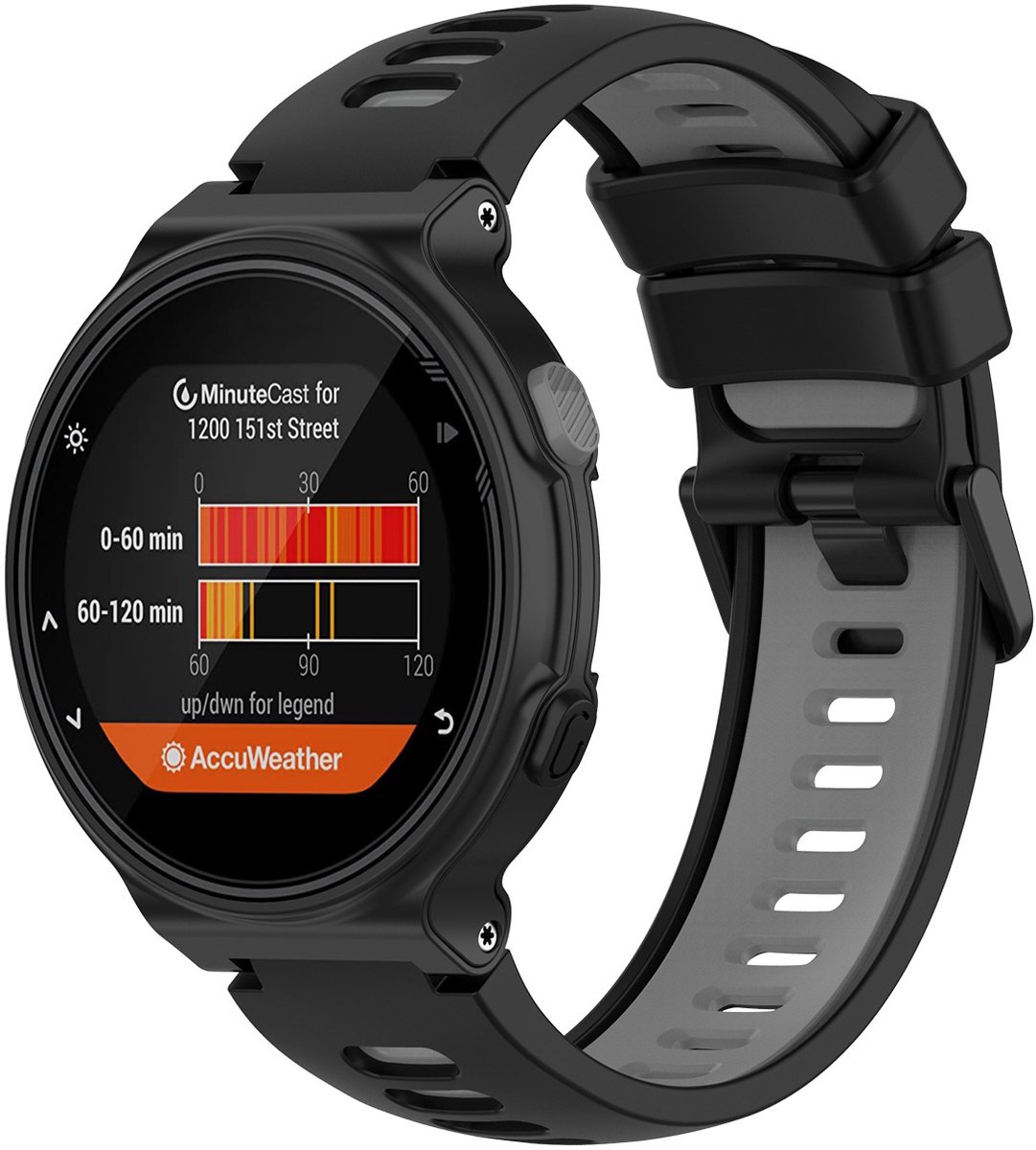 Stravo Sport Bandje – Geschikt voor Garmin Forerunner 735XT / 235 / 230 / 220 / 620 / 630 – Siliconen Horlogeband – Polsband – Zwart / Grijs