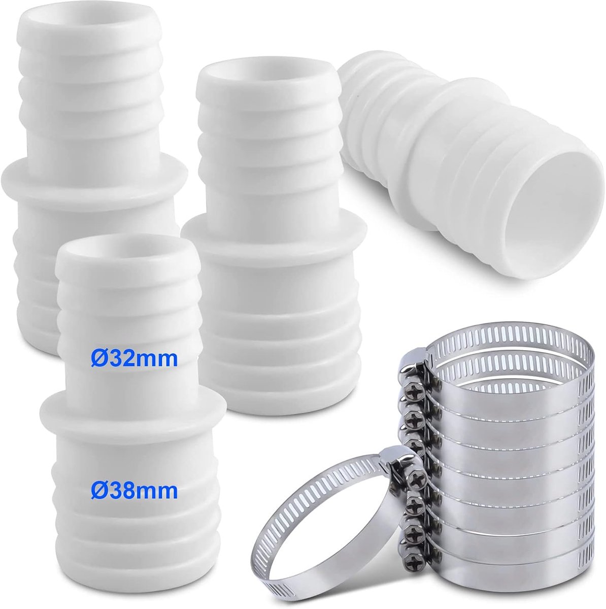4 stuks zwembadslangverbinders, 32 mm naar 38 mm, zwembadslangconnector voor 38 mm slangen op 32 mm-aansluitingen, slangadapter met 8 stuks slangklemmen, zwembadadapter dubbele slangtule