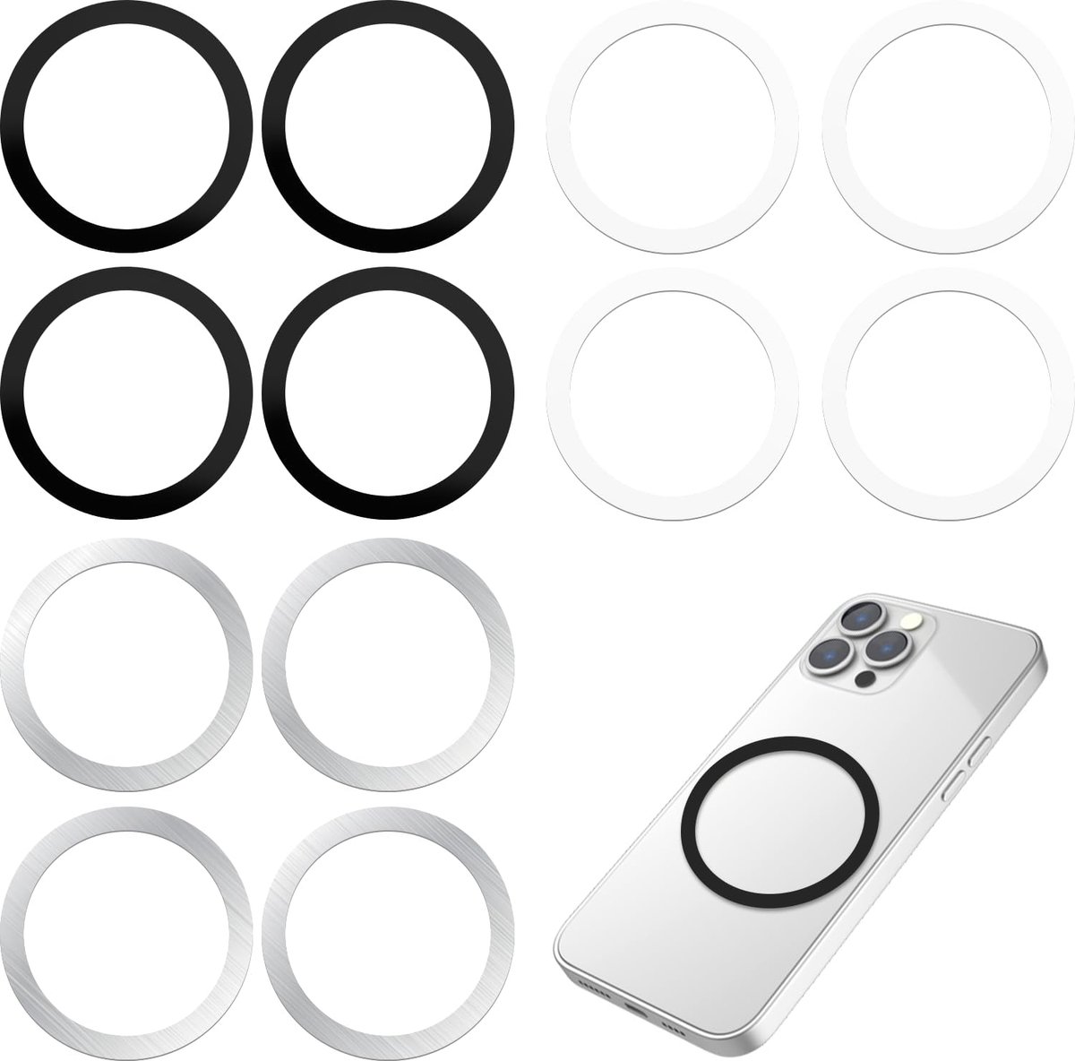ringstickers, magnetische ring voor mobiele telefoon, universele zelfklevende metalen ringen, compatibel met draadloze opladers/autohouders, 3 kleuren, (12 artikelen) wit, zwart, zilver