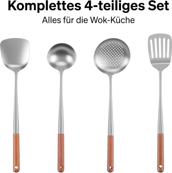 Spatels, vaatwasmachinebestendig, schuimlepel, wok-spatel en pollepel, roestvrijstalen schuimlepel, keukengerei, set met hittebestendige houten handgreep — afbeelding 3